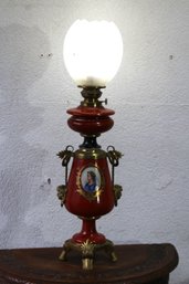 Antique Hand-Painted Porcelain Oil Lamp With Gilt Brass Ormolu And Glass Globe Shade