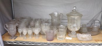 Shelf Lot Of Vintage Glassware  Stemware, Pitchers, Jars & Assorted Clear Glass