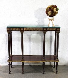 Antique Wooden Console Table With Gilded Detailing And Glass Top
