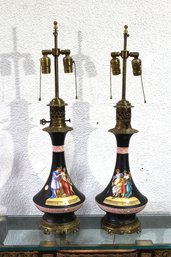 Pair Of Hand-Painted Porcelain Lamps With Classical Figures And Gilt Accents