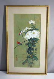 Hui-Chi Mau Framed Watercolor  Birds And Florals On Green Background