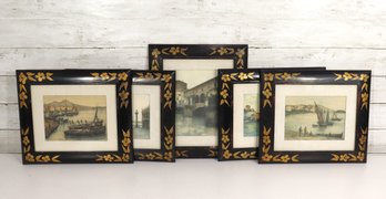 Set Of 5 Vintage European Cityscape Prints In Black & Gold Frames  14' X 12' & 13' X 11'