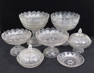 Group Lot Of Pressed Glass Serving Pieces  Pedestal Bowls, Covered Dishes & Plates