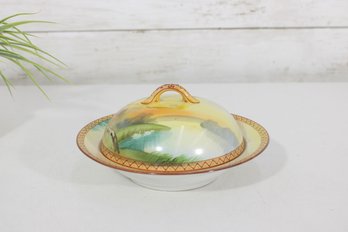 Antique Hand Painted Nippon Covered Butter Dish  Pond W/ Ducks Landscape  7' Round
