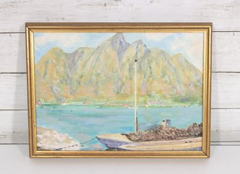 Signed Coastal Landscape Painting  Mountain & Harbor Scene  Framed 11.5' X 15'