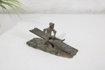 Vintage Metal Figural Letter Holder  Boy Sitting On Log  5.5' Long