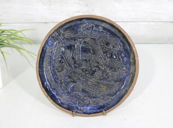 Signed Studio Pottery Plate  Abstract Blue Glaze Decorative Dish  8'