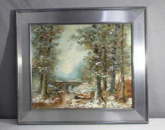 Serene Winter Landscape On Canvas With Silver Frame  Bridge Over Stream