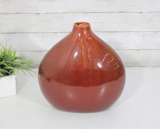 Handcrafted Myanmar Glazed Pottery Vase  12'Tall  Ribbed Red Ceramic