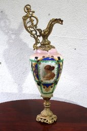 Antique Hand-Painted Porcelain Ewer With Ornate Gilt Brass Mounts