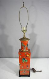 Vintage 37 Chinese Hand-Painted Porcelain Table Lamp  Bold Orange With Figural Design