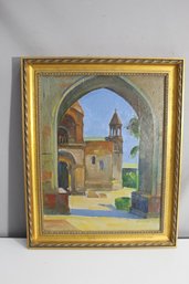 'Framed Architectural Oil Painting With Gold Gilt Frame'