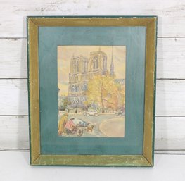 Vintage Notre Dame Cathedral Paris Print  Street Scene With Figures  Framed 12' X 10'