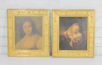 Pair Vintage Framed Portrait Prints  Classical Renaissance Style Ladies  Ornate Gold Frames  16.5' X 14.5'