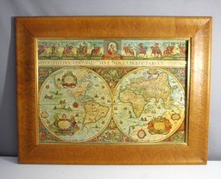 Vintage World Map Reproduction Print  Framed In Burl Wood