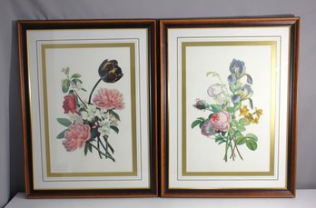 Pair Of Vintage Botanical Floral Prints In Wood Frames
