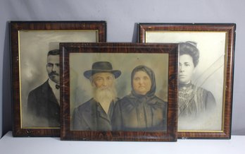 Collection Of 3 Antique Family Portraits In Wood Frames  Glass Damage