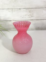 Vintage Pink Art Glass Vase  Ruffled Crimped Rim  Swirl Pattern  6' Tall