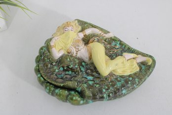Vintage Majolica Style Mermaid Trinket Box  Atlantic Mold  Palissy Inspired Ceramic Figural Dish