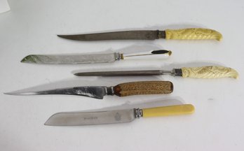 Lot Of 5 Vintage Knives  Mixed Handles (Antler, Bakelite, Ceramic, Carved)  Kitchen & Carving Tools