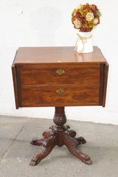 Antique Drop-Leaf Pedestal Stand With Two Drawers