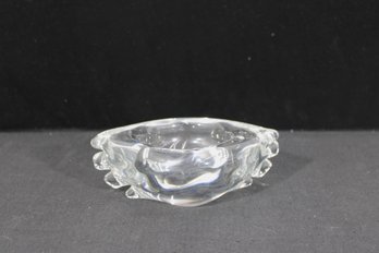 Signed Art Glass Bowl W/ Sculptural Handles  Clear Studio Glass  6.5' Wide