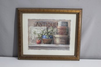 'Vivian Flasch Signed Print - 'Antiques' Still Life Art In Ornate Wooden Frame'