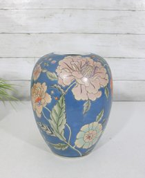 Decorative Floral Ceramic Vase  Blue Ground  9' Tall  Hand-Painted Style