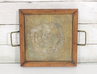 Vintage Wood Serving Tray W/ Embossed Metal Insert  Decorative Handled Tray  9' X 9'