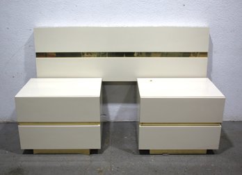 Cream Lacquer Laminate And Brass Bedroom Set With Full-Size Headboard And Nightstands'