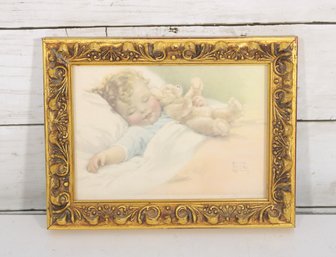 Vintage Baby Nursery Print  Sleeping Child W/ Teddy Bear  Ornate Gold Frame  6.5' X 8'