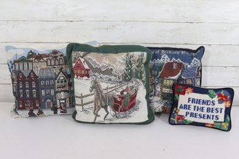 Lot Of 4 Christmas Tapestry Throw Pillows  Santa, Village Scenes & Holiday Quote