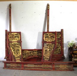 Antique Chinese Carved Wooden Bed Frame With Gilded Panels (Parts Incomplete)