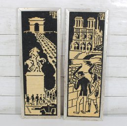 Pair Vintage Paris Needlepoint Panels  Arc De Triomphe & Notre Dame Scenes  Framed 17.5' X 6.5'