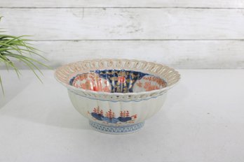 Vintage Asian Imari Style Porcelain Bowl  Pierced Rim Floral Design  8' Round Decorative Dish