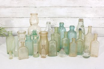 Large Collection Antique & Vintage Glass Bottles  Aqua, Clear & Green Apothecary Bottles Lot
