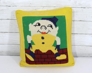 Vintage Needlepoint Accent Pillow  Humpty Dumpty Design  Yellow Vinyl Back  13 X 14