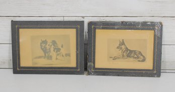 Pair Vintage Dog Prints  German Shepherd & Collie  Framed Miniatures 6.5' X 8.5'