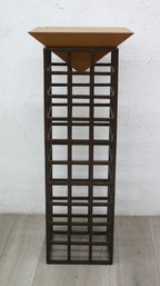 Post Modern Geometric Gridded Metal Base & Wooden Pyramid Top Pedestal Table