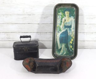 Vintage Coca-Cola Tin Advertising Lot  Serving Tray, Snack Tray & Metal Lunch Pail