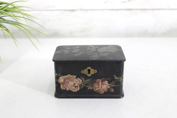 Vintage Black Floral Toleware Trinket Box  Hand-Painted Rose Motif  Small Hinged Storage Box  2.5'H X 4.5'W
