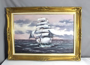 '1976 Maritime Oil Painting By H. Luhrs In Ornate Gold Frame'