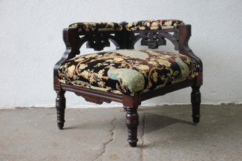 Antique Corner Chair With Carved Wood Frame & Peacock Tapestry Upholstery