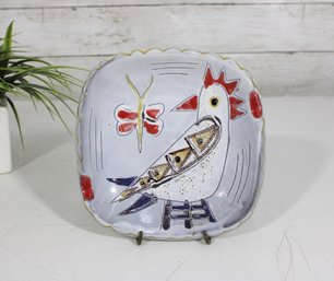 Vintage Hand-Painted Art Pottery Plate  Folk Art Bird & Butterfly Design  6.5' Square