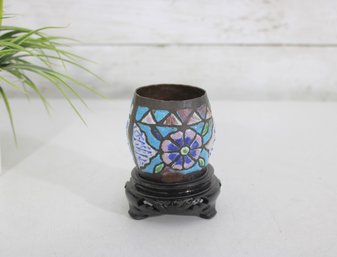 Vintage Cloisonne Enamel Vase On Carved Wood Stand  Floral Motif  4' Tall