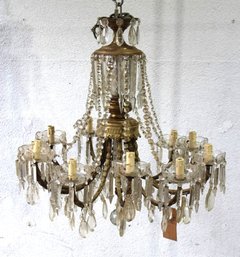 Antique 10 Light Crystal And Bronze Chandelier - Note Only One Of The Glass Is Damage