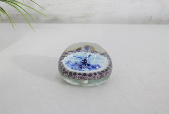 Vintage Glass Paperweight Blue Delft Style Windmill Scene  2' Tall  Unmarked