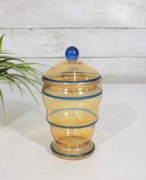 Vintage Art Glass Covered Jar  Amber Iridescent With Blue Bands  7' Tall