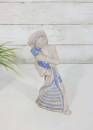 Vintage Hand Painted Ceramic Figurine  Woman In Bonnet W/ Blue Dress  8' Tall