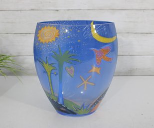 Signed Mara Art Glass Vase  Hand Painted Blue Celestial Scene  10' X 8'